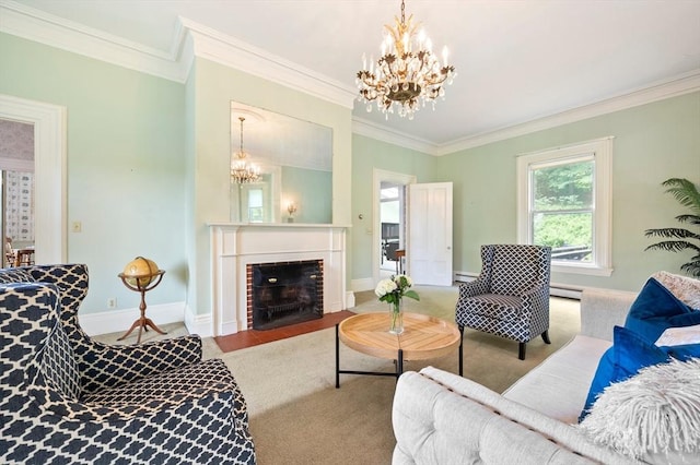127 E St, East Bridgewater, MA 02333 - carpeted living room with a chandelier, ornamental molding, a baseboard heating unit, baseboards, and a baseboard radiator