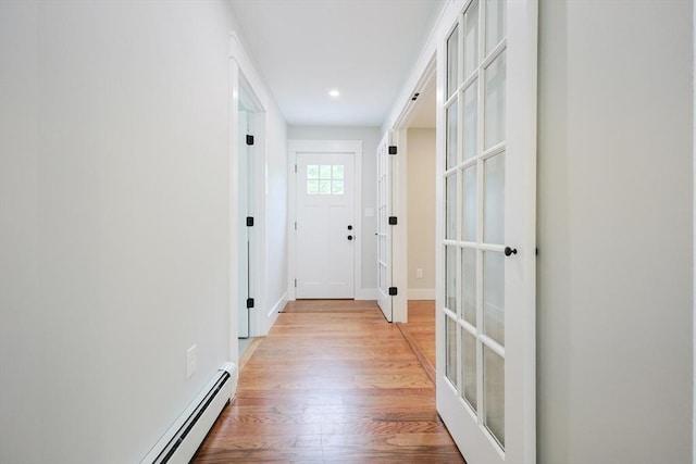 93 Hollis Rd, Plymouth, MA 02360 - hall featuring light wood-type flooring, a baseboard radiator, recessed lighting, and baseboards