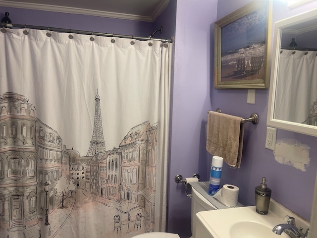 bathroom featuring sink, toilet, ornamental molding, and a shower with shower curtain