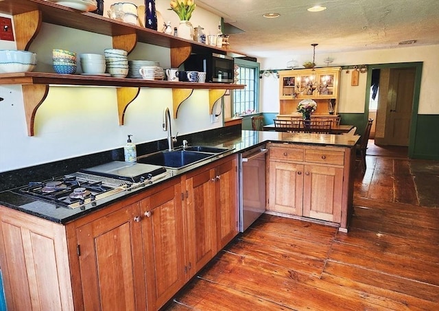 164 Worcester Rd, Westminster, MA 01473 - kitchen featuring stainless steel dishwasher, a sink, open shelves, hardwood / wood-style flooring, and a peninsula