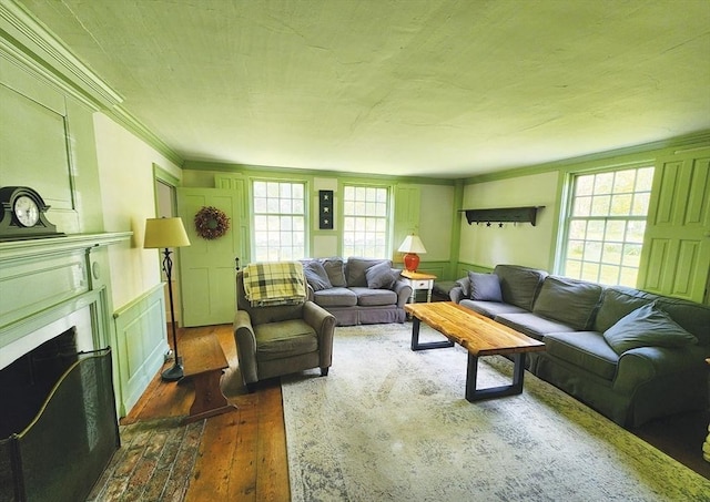 164 Worcester Rd, Westminster, MA 01473 - living room with crown molding, a fireplace, dark wood-style flooring, and a decorative wall