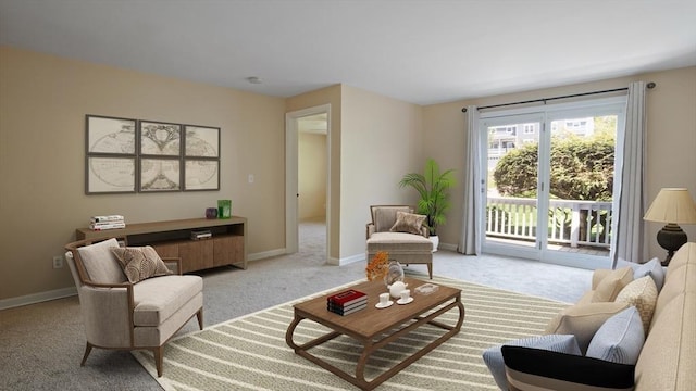 living room featuring light colored carpet and baseboards