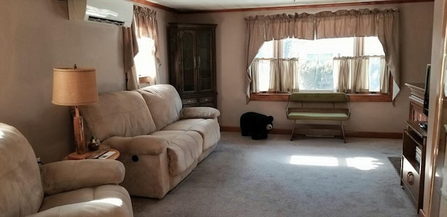 sitting room featuring baseboards, an AC wall unit, and light colored carpet