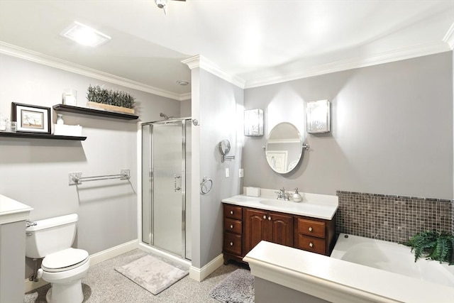 bathroom featuring vanity, a shower stall, toilet, and ornamental molding