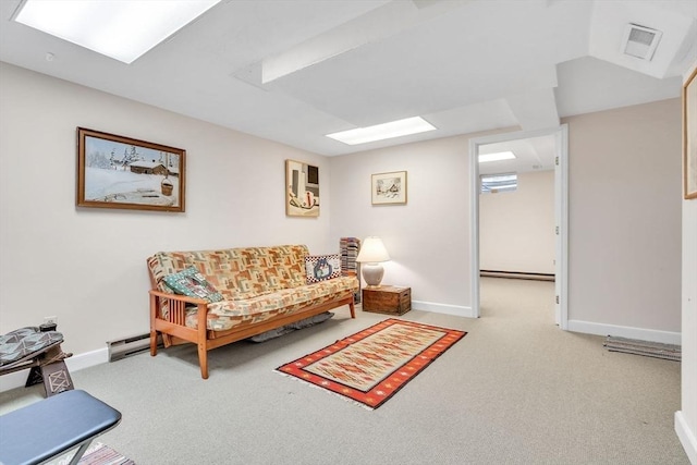 living area featuring a baseboard radiator, baseboards, visible vents, and carpet flooring