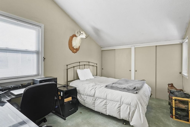 bedroom with multiple closets, carpet, and vaulted ceiling