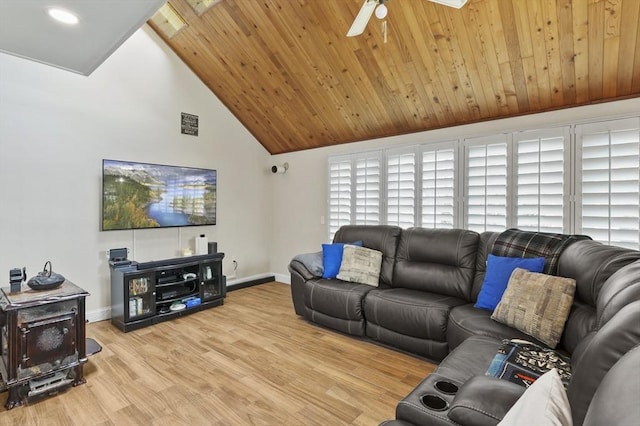 living room featuring wooden ceiling, baseboards, ceiling fan, and wood finished floors