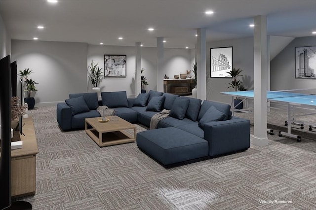 living room with light colored carpet