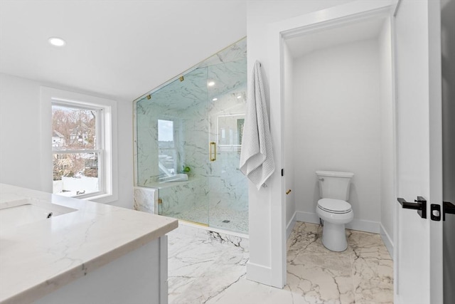 bathroom with vanity, a shower with shower door, and toilet