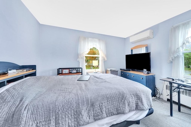 carpeted bedroom featuring an AC wall unit and radiator