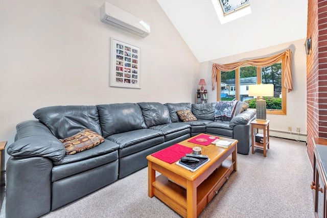 carpeted living room with a wall unit AC, baseboard heating, a skylight, and high vaulted ceiling