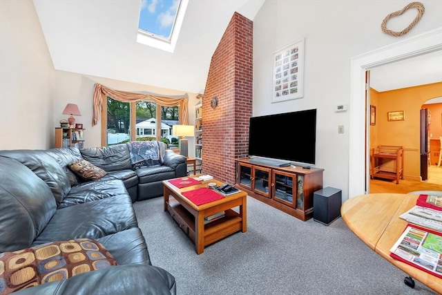carpeted living room featuring arched walkways, a skylight, and high vaulted ceiling