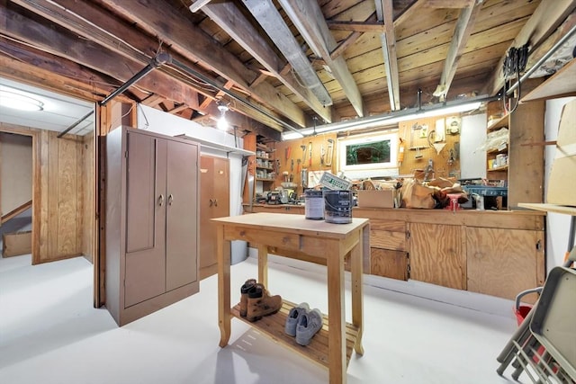 unfinished basement with a workshop area