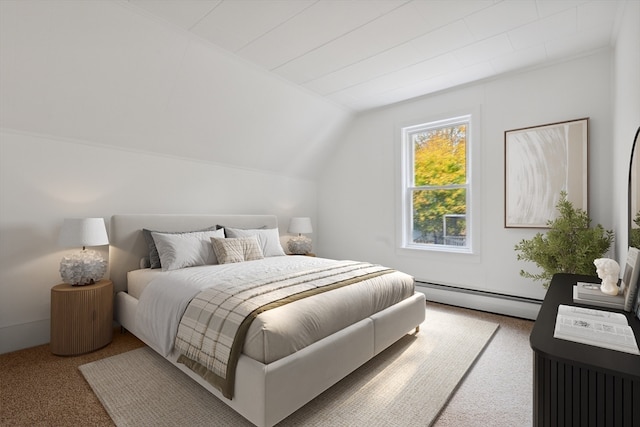 bedroom with baseboard heating, carpet, and vaulted ceiling