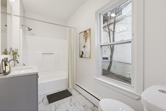 full bathroom with vanity, toilet, a baseboard radiator, and shower / bath combo