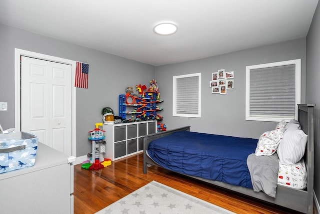 bedroom featuring wood-type flooring and a closet