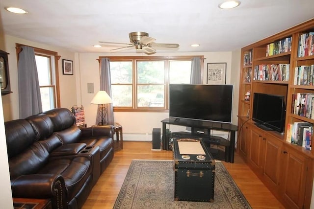 786 Cabot St, Beverly, MA 01915 - living area featuring a ceiling fan, light wood-style floors, recessed lighting, and baseboard heating