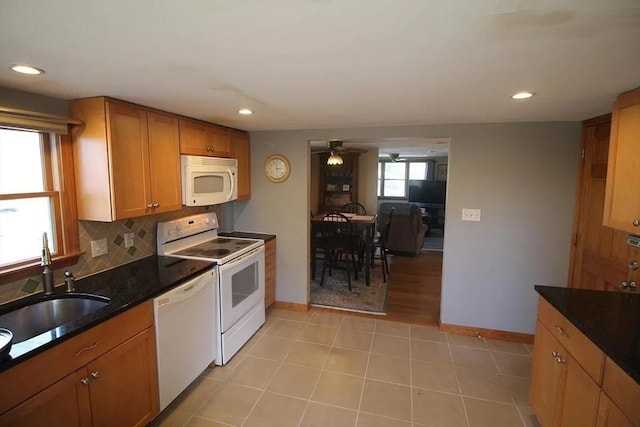 786 Cabot St, Beverly, MA 01915 - kitchen featuring white appliances, recessed lighting, ceiling fan, backsplash, and brown cabinetry