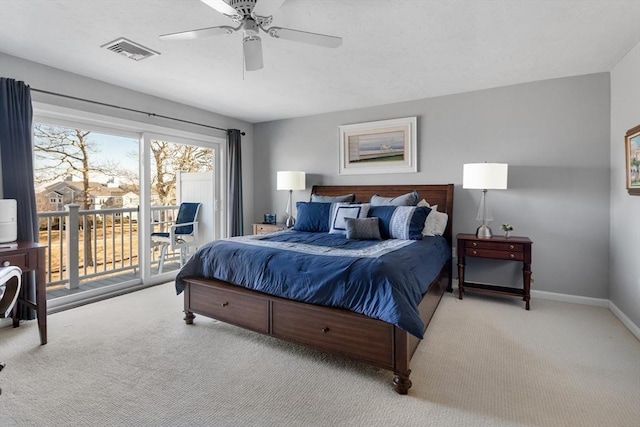 bedroom featuring light colored carpet, access to exterior, and ceiling fan