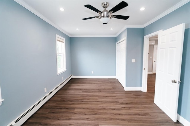 27 Morgan St, Fairhaven, MA 02719 - unfurnished bedroom with baseboard heating, crown molding, wood finished floors, a closet, and recessed lighting