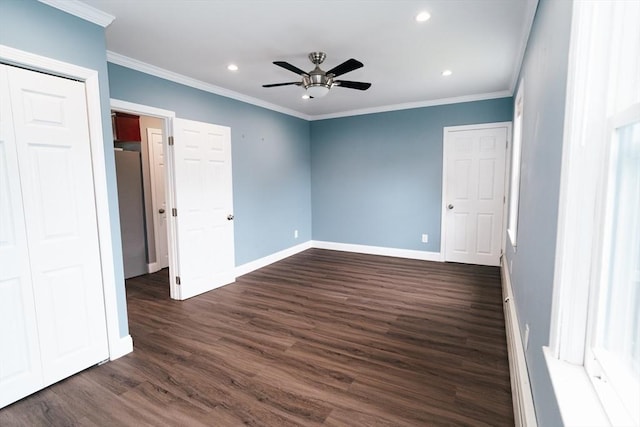 27 Morgan St, Fairhaven, MA 02719 - unfurnished bedroom with dark wood-type flooring, recessed lighting, crown molding, and a ceiling fan