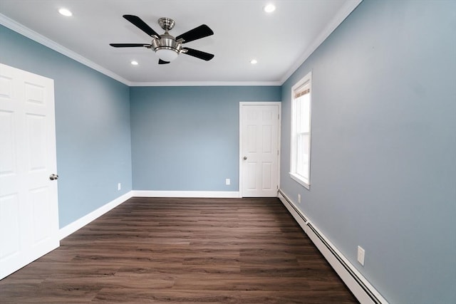 27 Morgan St, Fairhaven, MA 02719 - unfurnished room with crown molding, baseboard heating, recessed lighting, dark wood-style flooring, and a ceiling fan