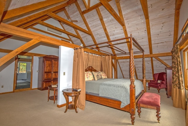 bedroom with high vaulted ceiling, beam ceiling, and light carpet