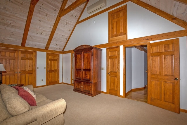 living room featuring high vaulted ceiling, beam ceiling, a wall unit AC, and light colored carpet