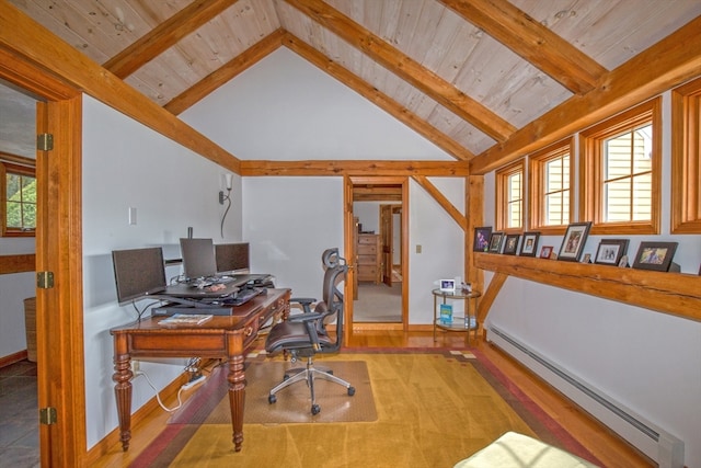 office featuring vaulted ceiling with beams, baseboard heating, plenty of natural light, and wood ceiling