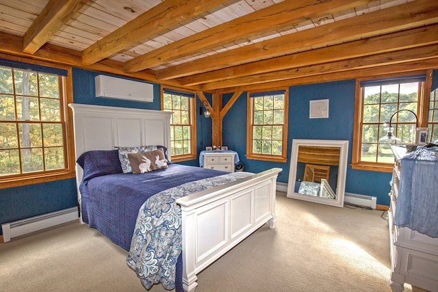 carpeted bedroom with multiple windows, beam ceiling, and baseboard heating