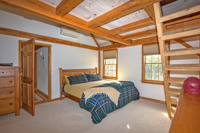 bedroom featuring wood ceiling, beamed ceiling, an AC wall unit, and light carpet