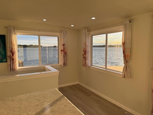 interior space with dark hardwood / wood-style floors and a water view