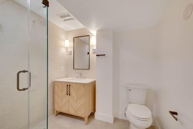 bathroom featuring toilet, a stall shower, vanity, and visible vents