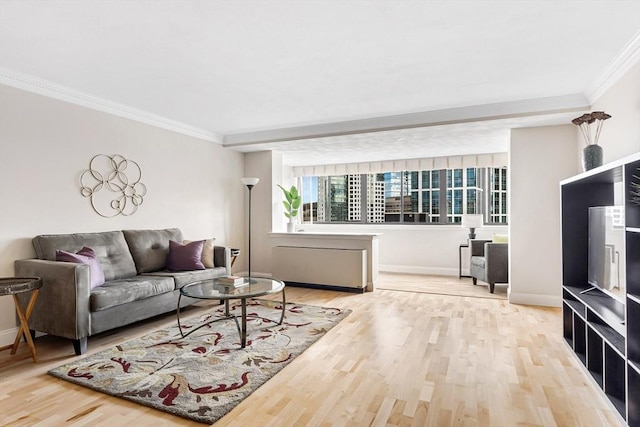 living area featuring crown molding, baseboards, and wood finished floors