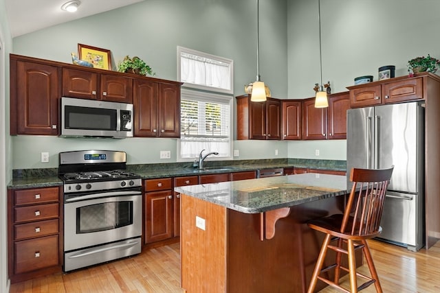 kitchen with appliances with stainless steel finishes, sink, a center island, and light hardwood / wood-style floors