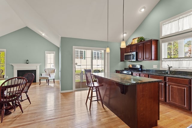 kitchen featuring high vaulted ceiling, appliances with stainless steel finishes, and light hardwood / wood-style flooring