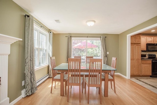 619 Pond St, Weymouth, MA 02190 - dining area featuring baseboards, a baseboard radiator, and light wood-style floors