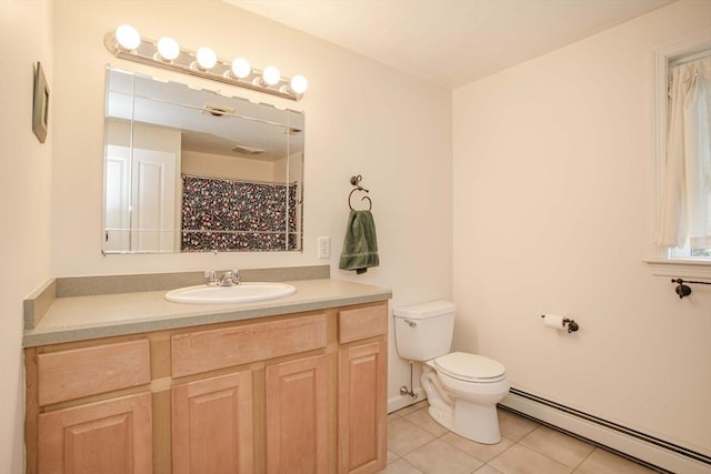 619 Pond St, Weymouth, MA 02190 - bathroom featuring a baseboard radiator, tile patterned flooring, toilet, and vanity