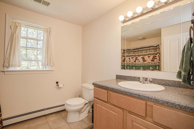 619 Pond St, Weymouth, MA 02190 - bathroom with a baseboard radiator, tile patterned floors, toilet, and vanity