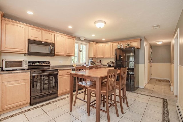 619 Pond St, Weymouth, MA 02190 - kitchen with black appliances, light brown cabinets, light tile patterned floors, a baseboard radiator, and recessed lighting