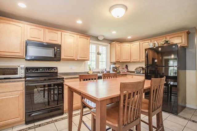 619 Pond St, Weymouth, MA 02190 - kitchen featuring black appliances, light brown cabinets, light tile patterned floors, and recessed lighting