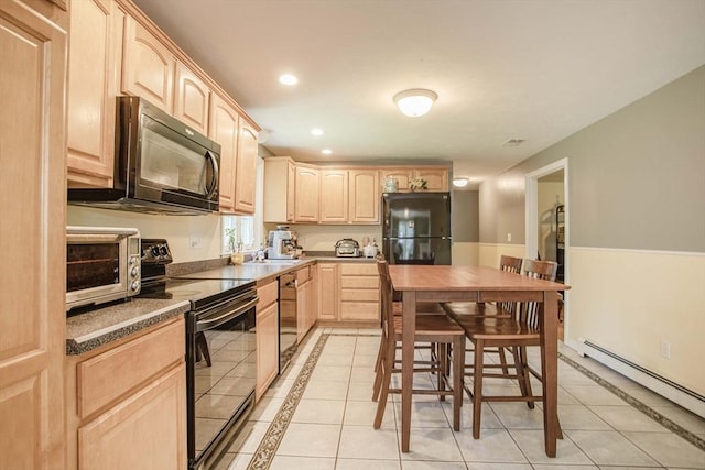 619 Pond St, Weymouth, MA 02190 - kitchen featuring black appliances, light brown cabinetry, a baseboard radiator, light tile patterned flooring, and recessed lighting