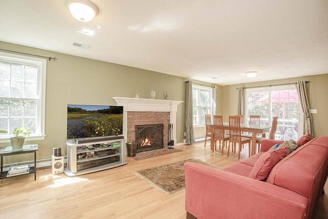 619 Pond St, Weymouth, MA 02190 - living room with wood finished floors, a fireplace, and baseboard heating