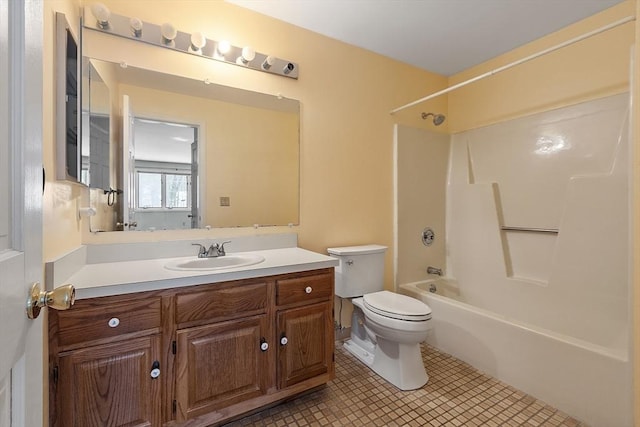 full bathroom featuring toilet, shower / tub combination, tile patterned flooring, and vanity