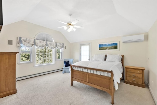 bedroom with vaulted ceiling, carpet floors, a wall mounted AC, and a baseboard radiator