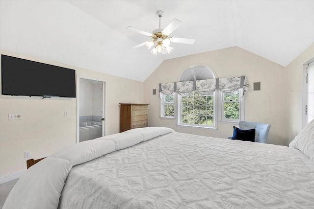 bedroom with a ceiling fan and vaulted ceiling