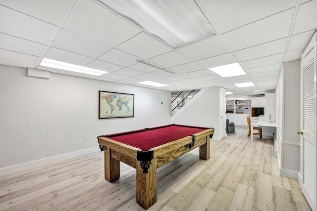 rec room with a paneled ceiling, billiards, light wood-style flooring, and baseboards