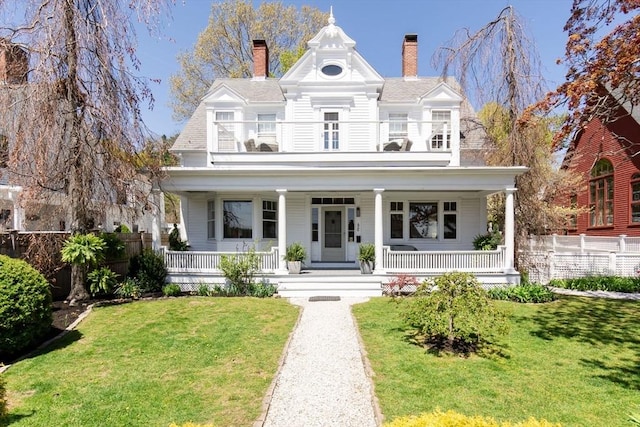 view of front of house featuring covered porch, a front yard, a chimney, and a balcony
