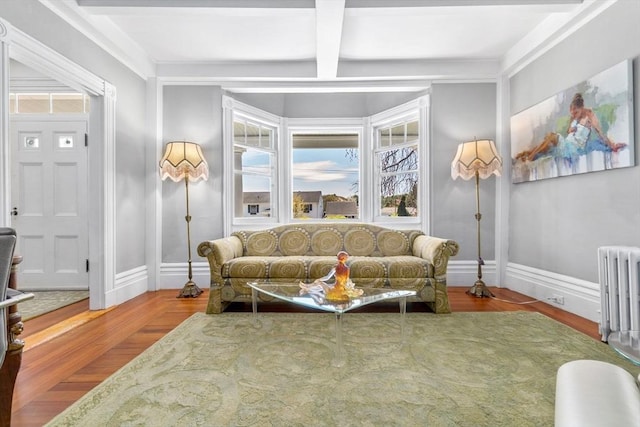 living area with radiator, beamed ceiling, baseboards, and wood finished floors