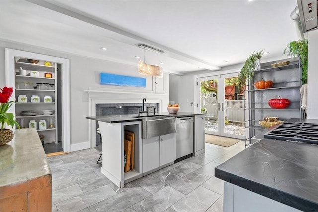 kitchen with french doors, dishwasher, a sink, white cabinetry, and dark countertops